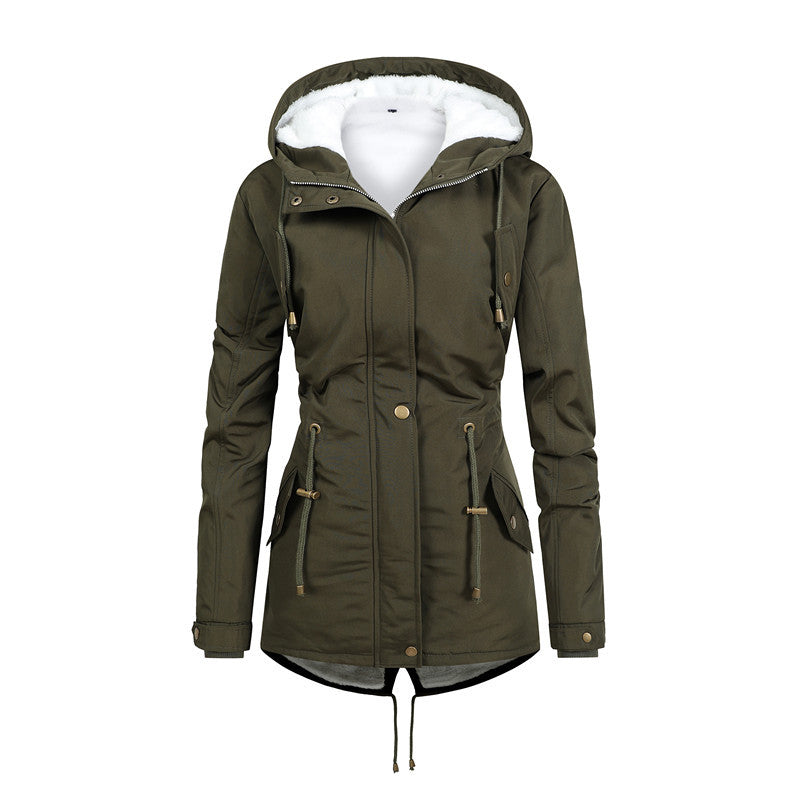 Damen Taillierter Parka mit Teddyfutter, verstellbarer Kapuze und Tunnelzug Echoarchiv