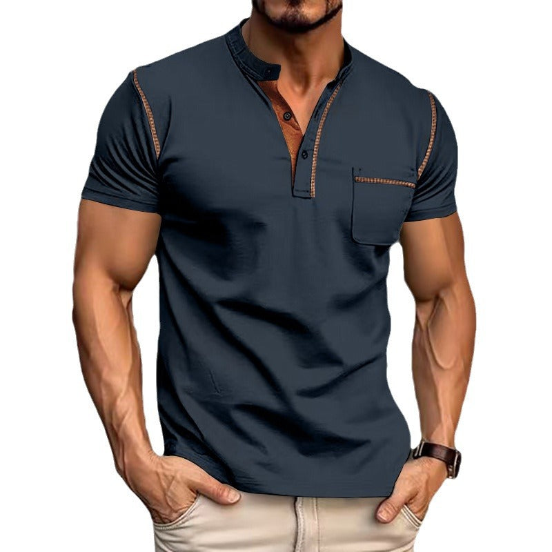 Herren Kurzarm-Henley-Shirt mit kontrastierender Knopfleiste und Brusttasche Echoarchiv