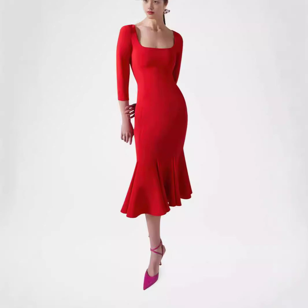Damen Figurbetontes Midikleid mit quadratischem Ausschnitt und Meerjungfrauen-Saum Echoarchiv