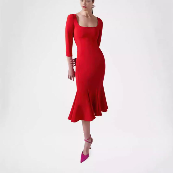 Damen Figurbetontes Midikleid mit quadratischem Ausschnitt und Meerjungfrauen-Saum Echoarchiv
