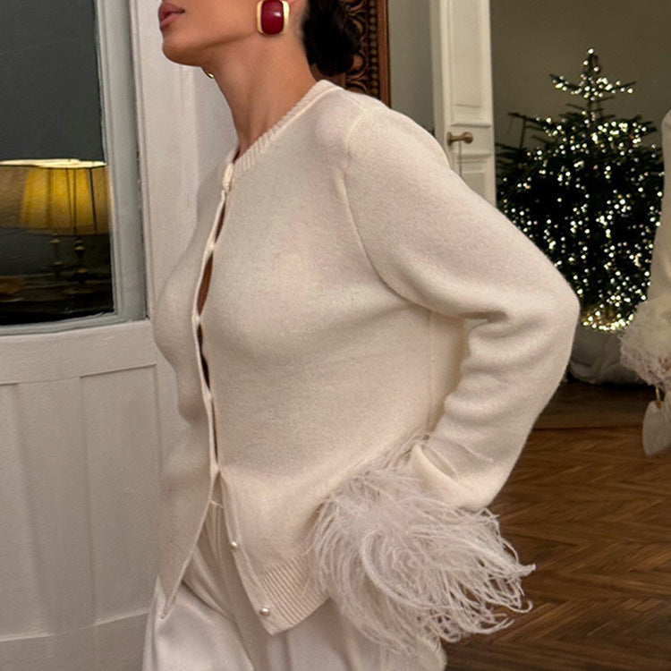 Damen Perlenknopf-Cardigan mit Kunstfeder-Bündchen Echo Archiv