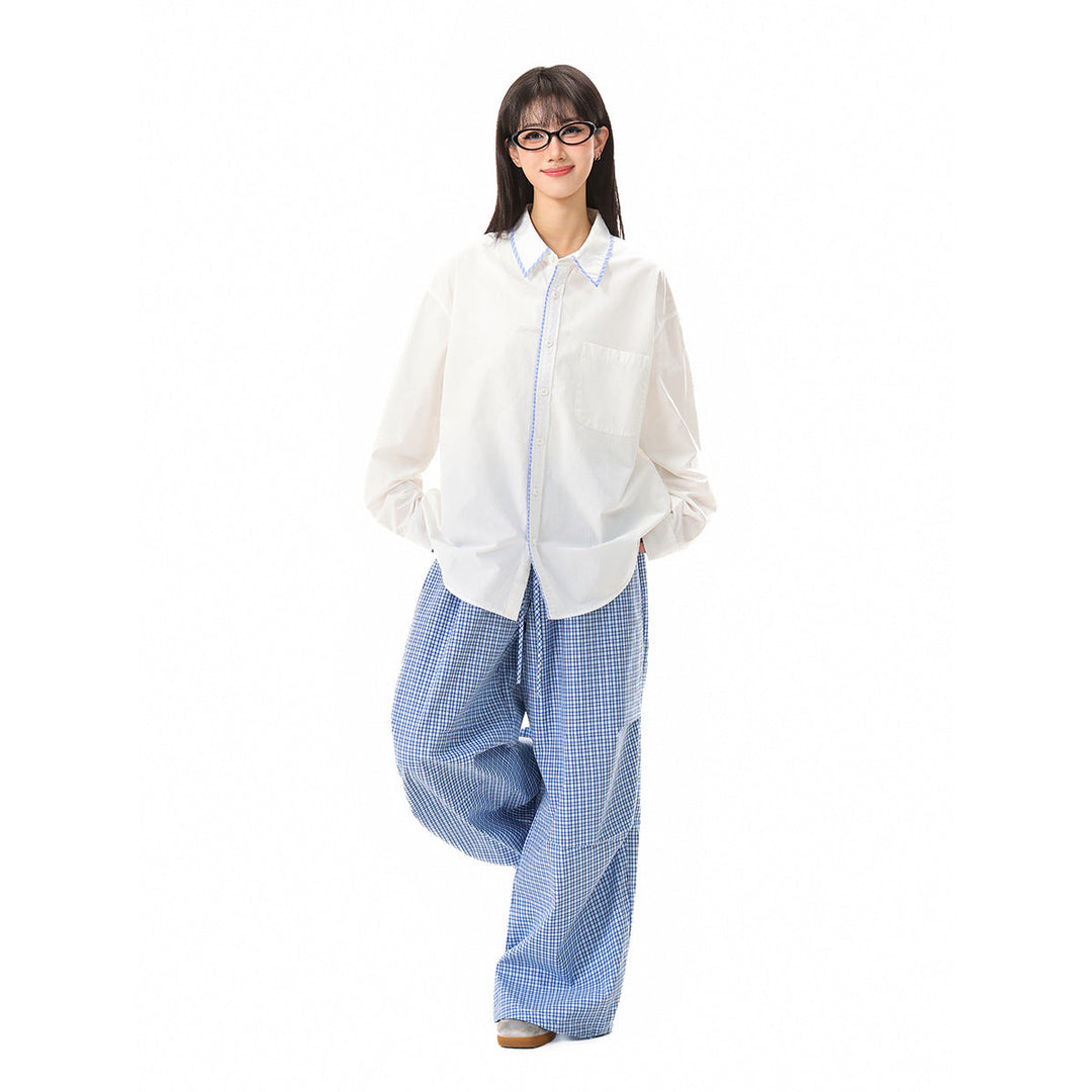 Damen Oversize-Hemdbluse mit kontrastierter Kragenpaspel und Brusttasche Echoarchiv