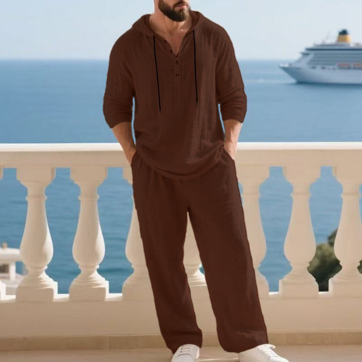 Herren nan lässiges Leinenzweiteiler-Set mit Kapuzenhemd im Henley-Stil und weiten Freizeit-Hosen Echo Archiv