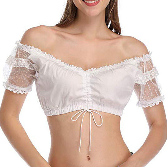 Damen  kurze Carmenbluse mit Spitzenärmeln und gerafftem Tunnelzug Echo Archiv