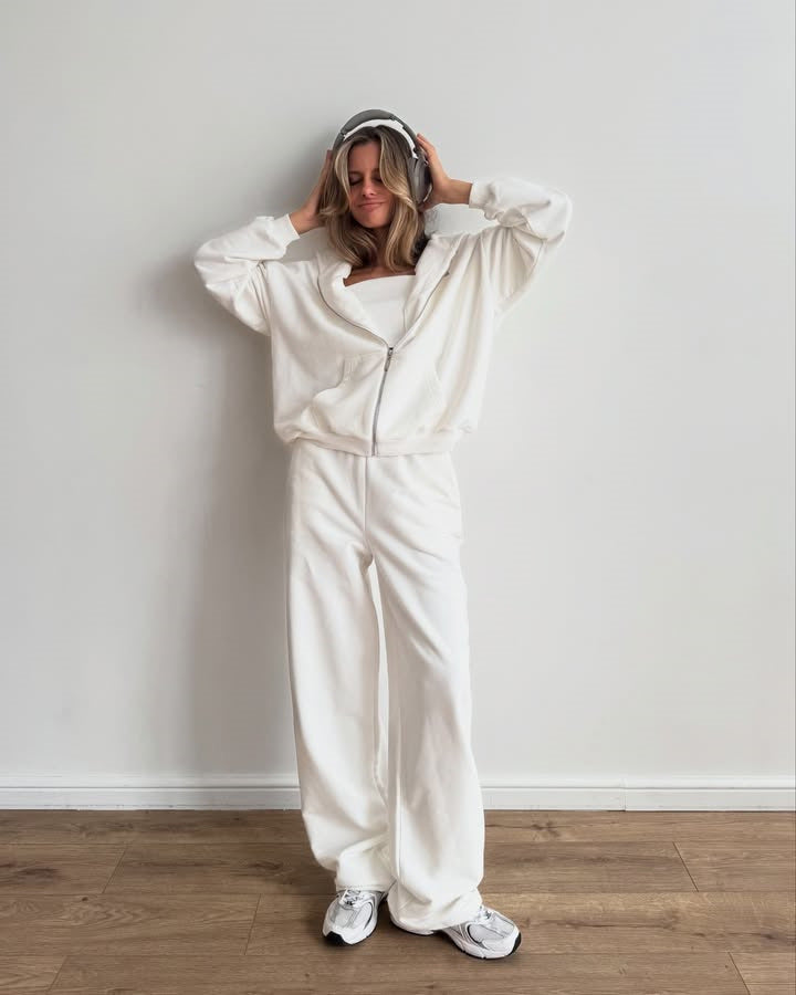 Damen Baumwoll-Fleece Lounge-Set mit Oversize-Zip-Hoodie und Palazzo-Sweatpants – Auréline
