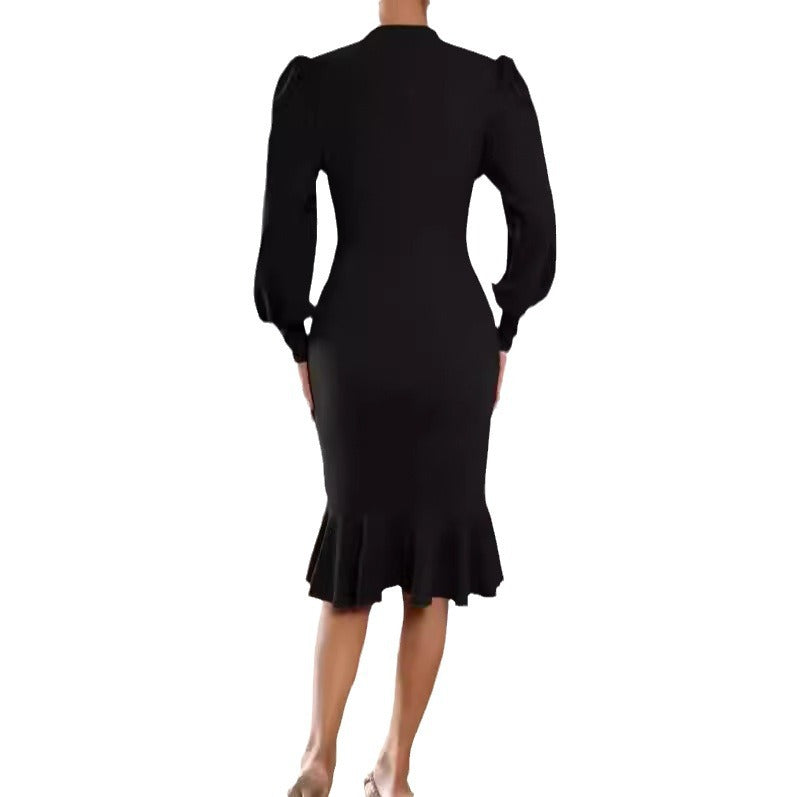 Damen tailliertes Pencil-Midikleid mit Stehkragen, ballonärmeln und Glockenvolant – Élara