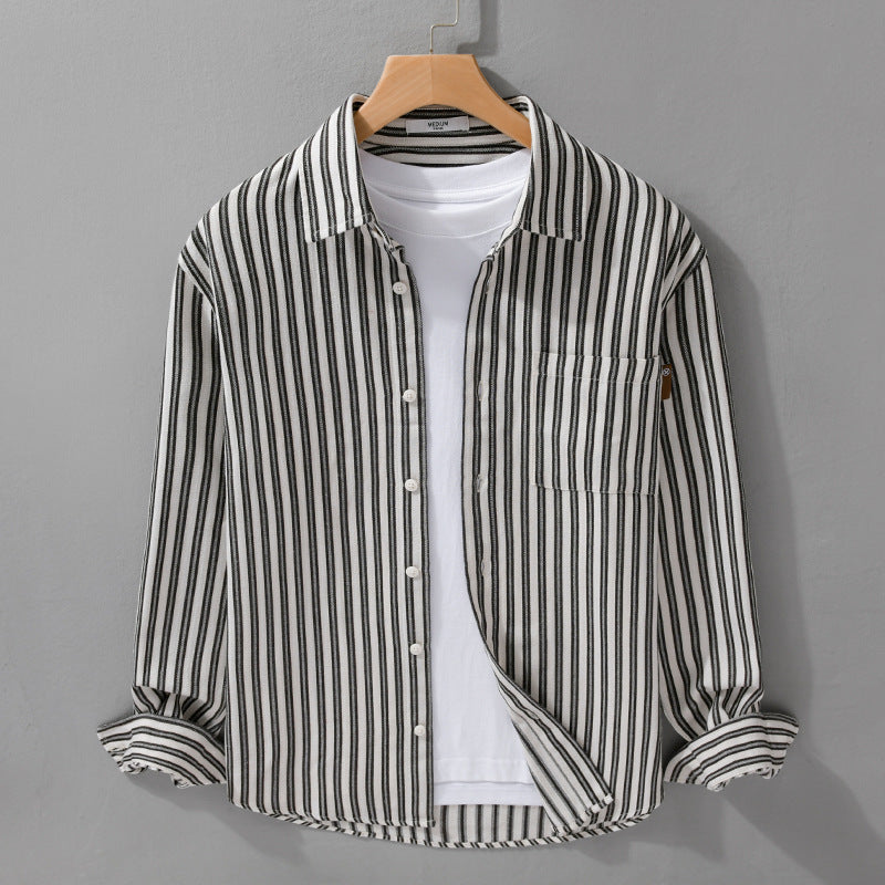 Herren Gestreiftes Baumwoll-Overshirt mit aufgesetzter Brusttasche und softem Crinkle-Finish Echoarchiv