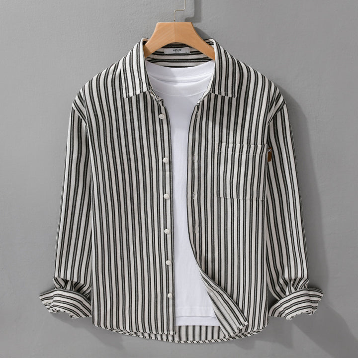 Herren Gestreiftes Baumwoll-Overshirt mit aufgesetzter Brusttasche und softem Crinkle-Finish Echoarchiv