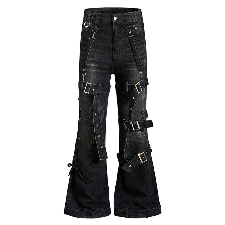 Damen Bondage-Flared-Jeans mit dekorativen Schnallen, Riemen und Used-Look Echoarchiv