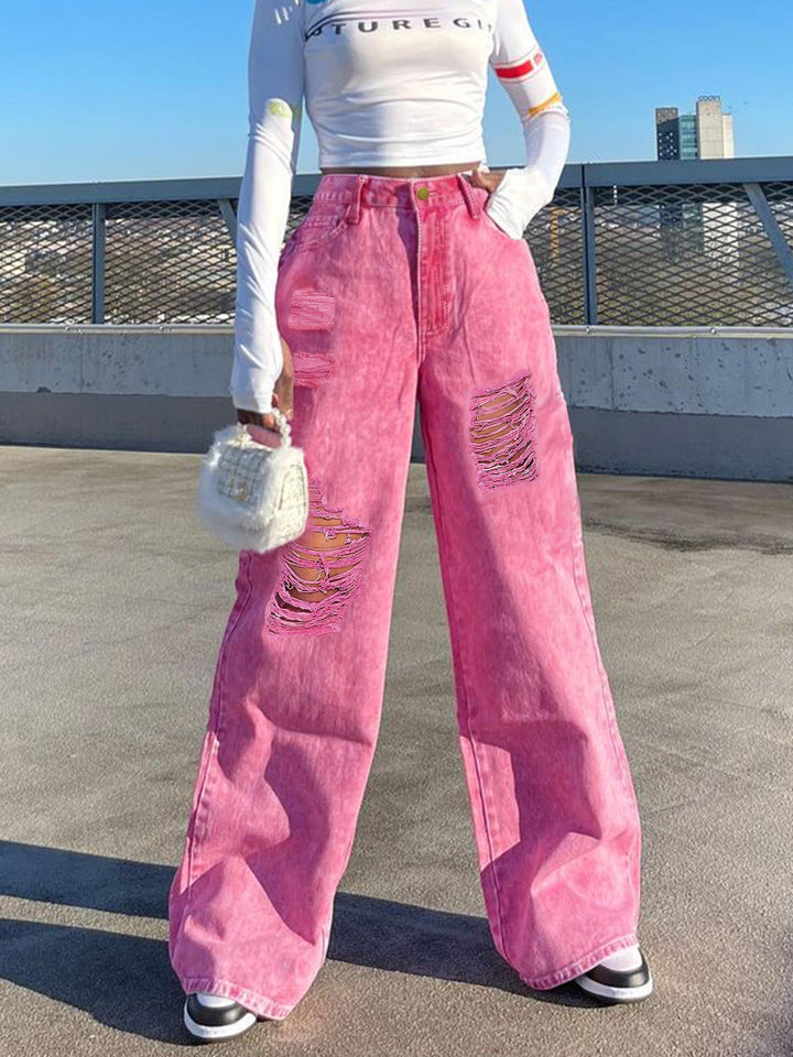 Damen Hochtaillierte weite Denim‑Palazzo‑Hose mit auffälligen Ripped‑Einsätzen Echo Archiv