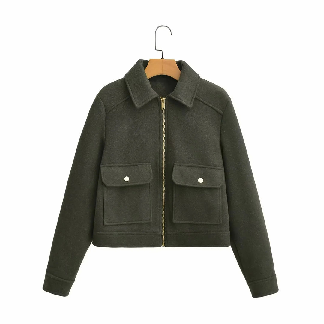 Damen boxy Wollblend Shacket mit verdecktem Metallreißverschluss, Hemdkragen und aufgesetzten Pattentaschen – Célinea