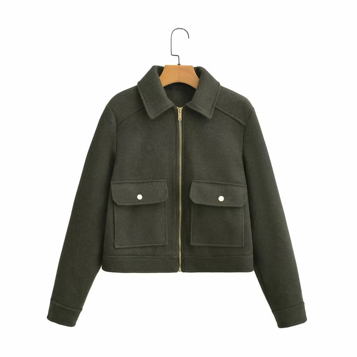 Damen boxy Wollblend Shacket mit verdecktem Metallreißverschluss, Hemdkragen und aufgesetzten Pattentaschen – Célinea