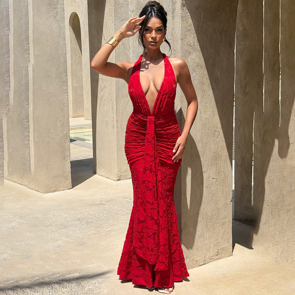 Damen Elegantes Maxikleid mit tiefem V-Ausschnitt und strukturierter Raffung Echo Archiv