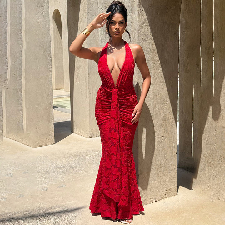 Damen Elegantes Maxikleid mit tiefem V-Ausschnitt und strukturierter Raffung Echo Archiv