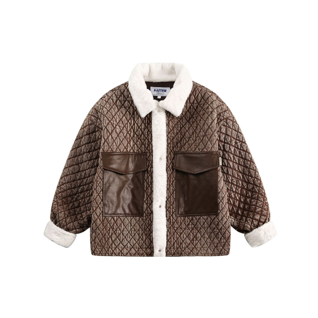 Damen Kurz geschnittene gesteppte Jacke mit Kunstfellkragen und Lederpatch‑Taschen Echoarchiv