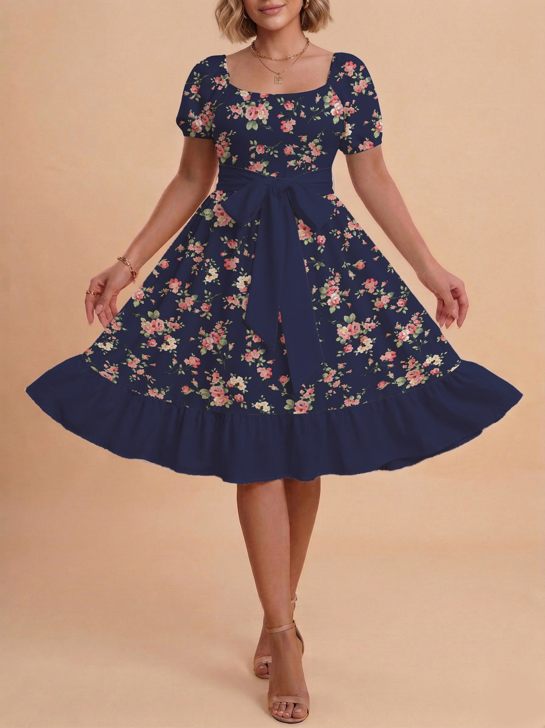 Damen Blumenkleid mit taillierbarem Gürtel und voluminösen Ärmeln Echo Archiv