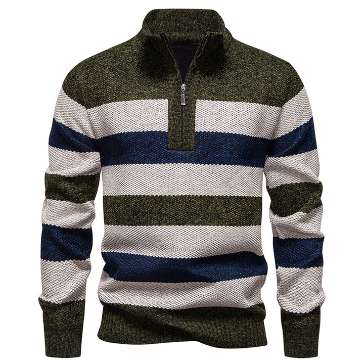 Herren modischer Strickpullover mit halbhohem Kragen und kontrastierenden Streifen Echoarchiv