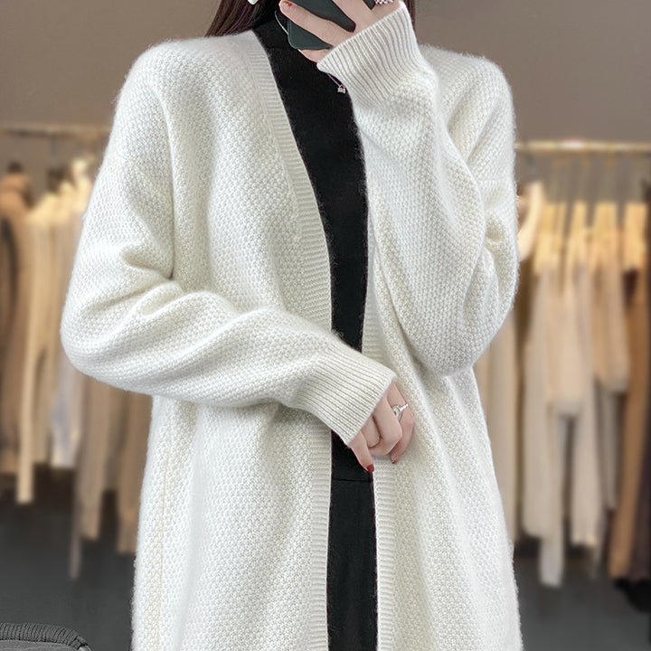Damen Langer Offener Strickcardigan mit Samenmuster und gerippten Abschlüssen Echoarchiv