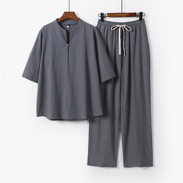 Unisex Lockeres Lounge-Set mit Stehkragen-Halbarmshirt und Elastischer Bundhose Echoarchiv