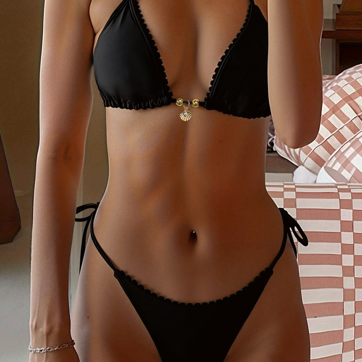 Damen Triangel-Bikini mit dekorativen Trägern und goldenen Akzenten Echo Archiv