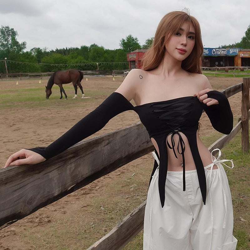 Damen elastisches Off-Shoulder Top mit aufwendiger Schnürung Echo Archiv