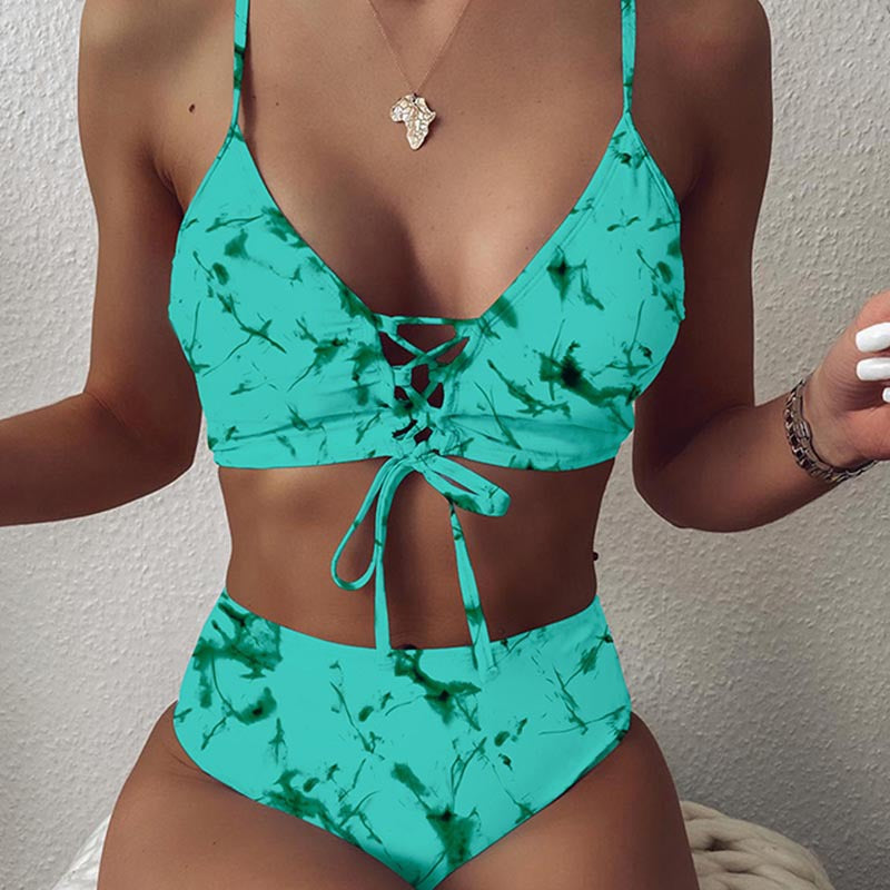 Damen Hochtailliertes Bikini-Set mit verstellbaren Schnürdetails Echo Archiv