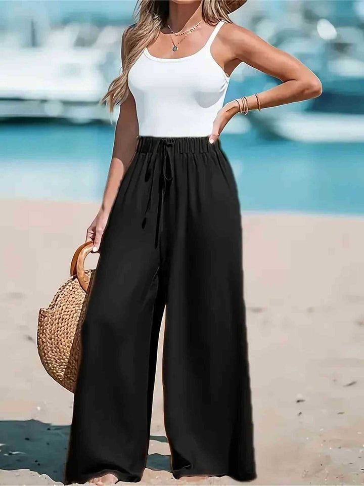 Damen High-Waist Elastischer Bund Weite Beinform Palazzo Strandhose Echoarchiv