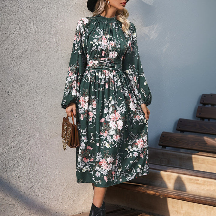 Damen Midikleid mit floralem Alloverprint, Stehkragen und Drapiertem Taillengürtel Echoarchiv
