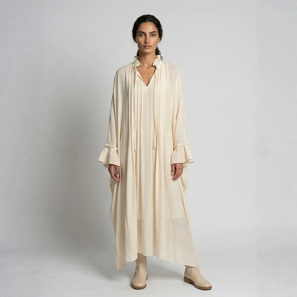 Damen Maxikleid im Kaftan-Stil mit Rüschenkragen, Bindebändern und voluminösen Ärmeln Echoarchiv