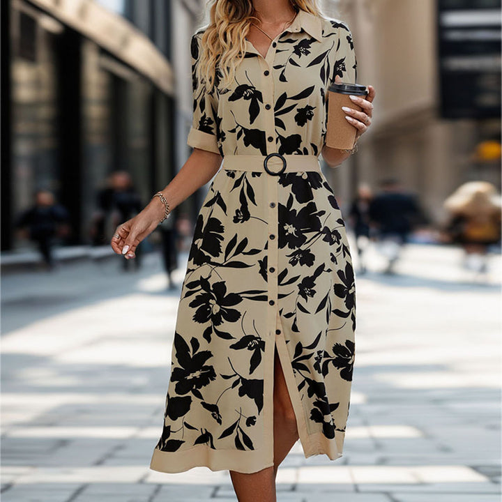 Damen Tailliertes Blusenkleid mit Taillengürtel, Frontknopfleiste und Frontschlitz – Élara