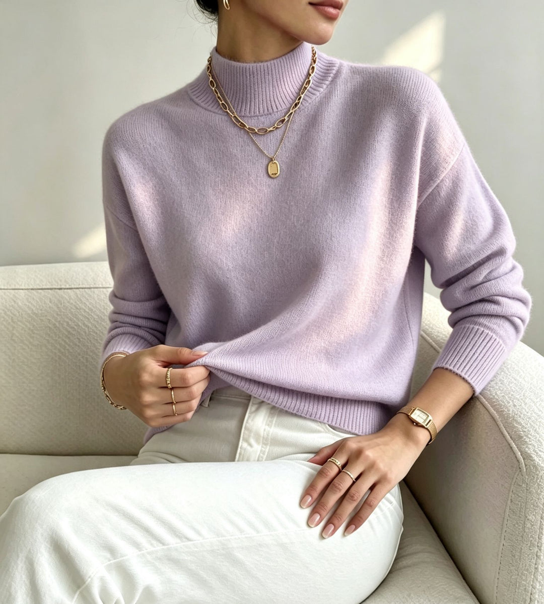 Damen kuscheliger Feinstrickpullover mit Stehkragen und überschnittener Schulter – Mavelle