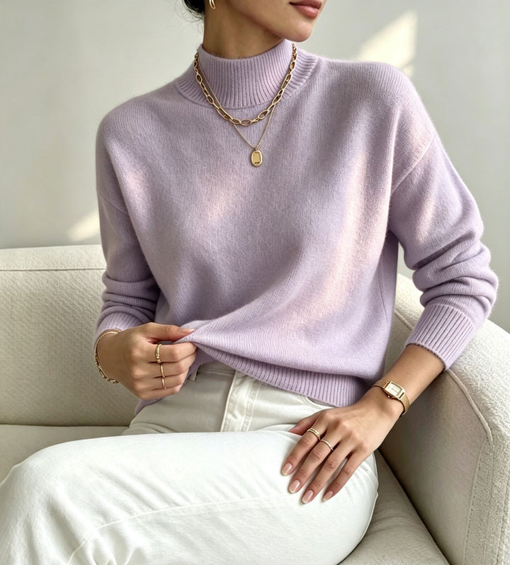 Damen kuscheliger Feinstrickpullover mit Stehkragen und überschnittener Schulter – Mavelle