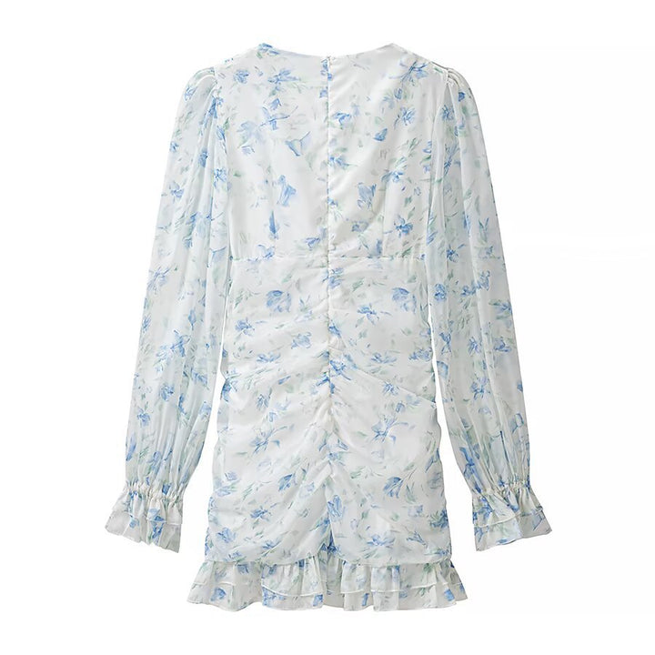 Damen gerafftes Minikleid mit V-Ausschnitt, Rüschen und Blumenapplikation Echo Archiv