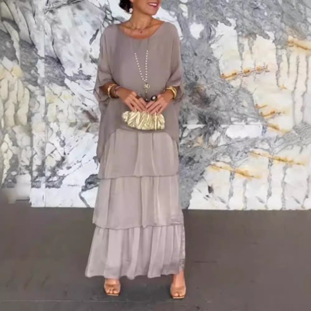 Damen nan bodenlanges Stufenkleid mit weiten Fledermausärmeln und lockerer Silhouette Echo Archiv