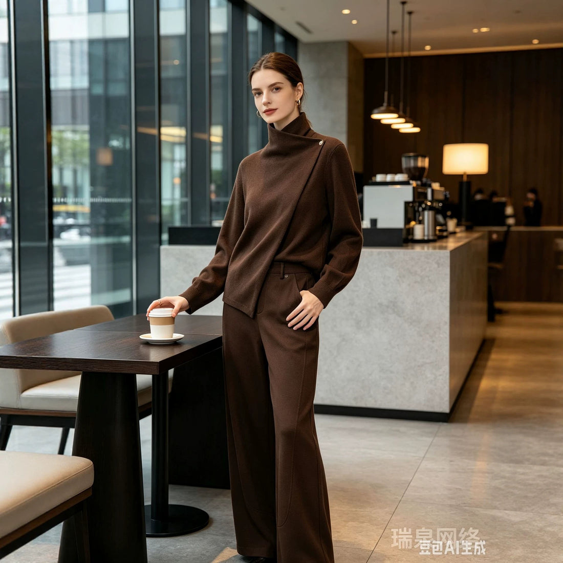 Damen Zweiteiliges Ensemble mit asymmetrischem Rollkragenoberteil und weiter Hochbundhose Echoarchiv