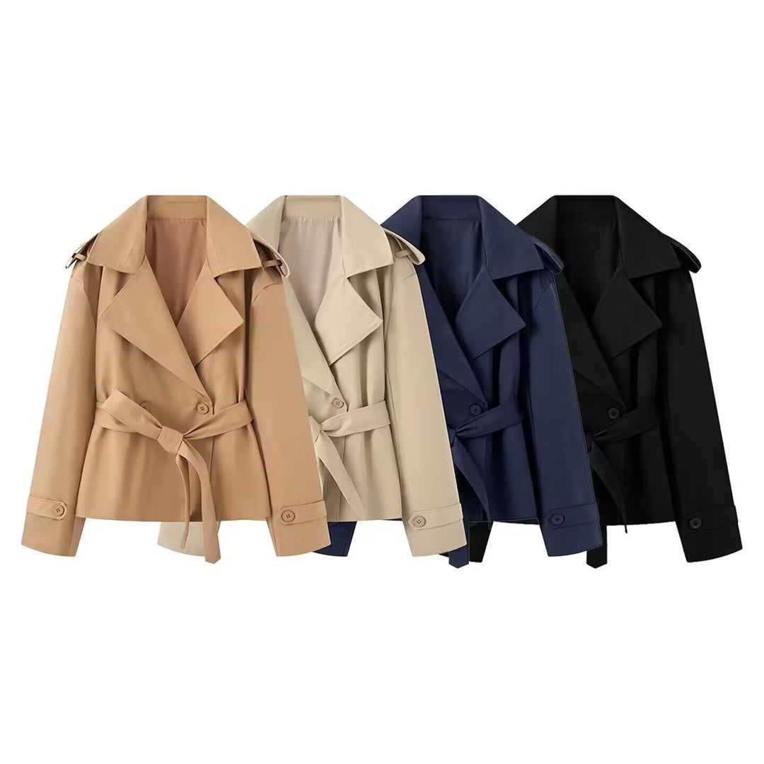 Damen Cropped-Trenchjacke mit weitem Schalkragen und Taillenbindegürtel Echoarchiv