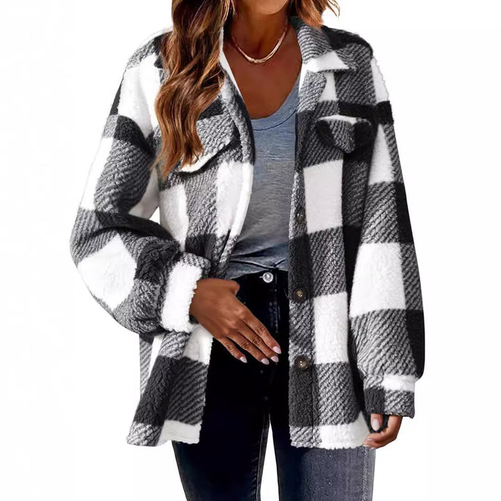 Damen nan kuschelige Sherpa-Karo-Übergangsjacke mit Brusttaschen und großzügigem Oversize-Schnitt Echo Archiv
