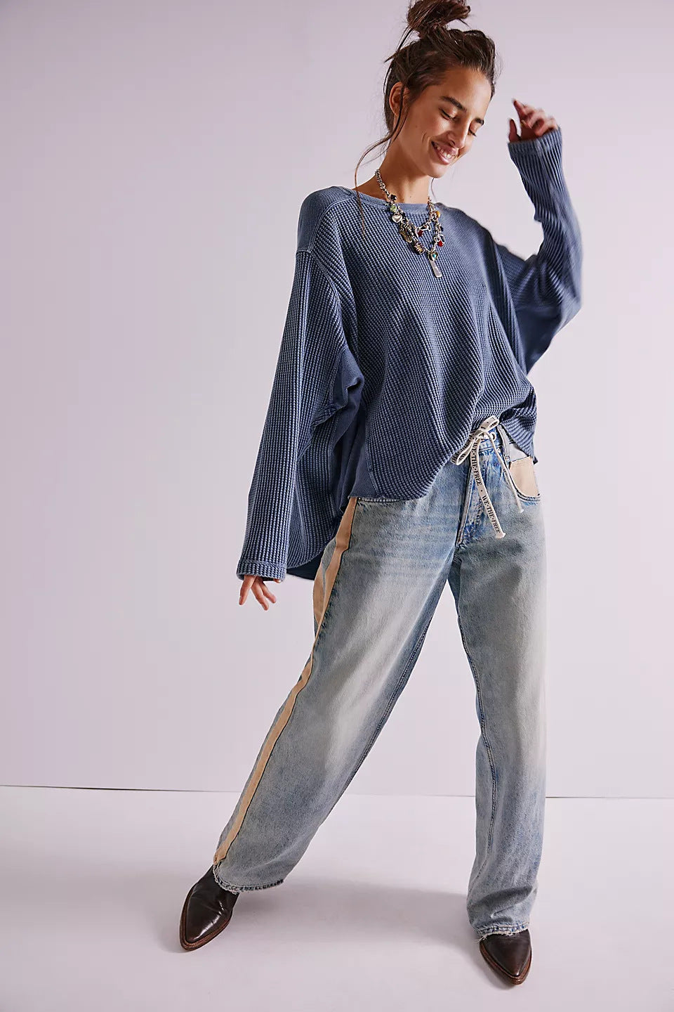 Damen Oversized Waffelstrick-Pullover mit weitem Schnitt und tiefem Raglan – Mavelle