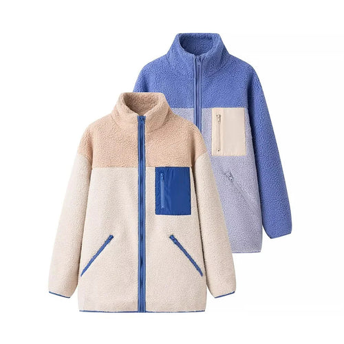 Damen locker geschnittene Teddy‑Fleecejacke mit Stehkragen Reißverschlusstaschen und aufgesetzter Brusttasche – Célinea