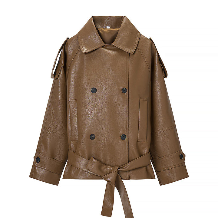 Damen kurzer Doppelreiher Kunstleder-Trenchblouson mit Bindegürtel und Schulterriegeln – Avérine
