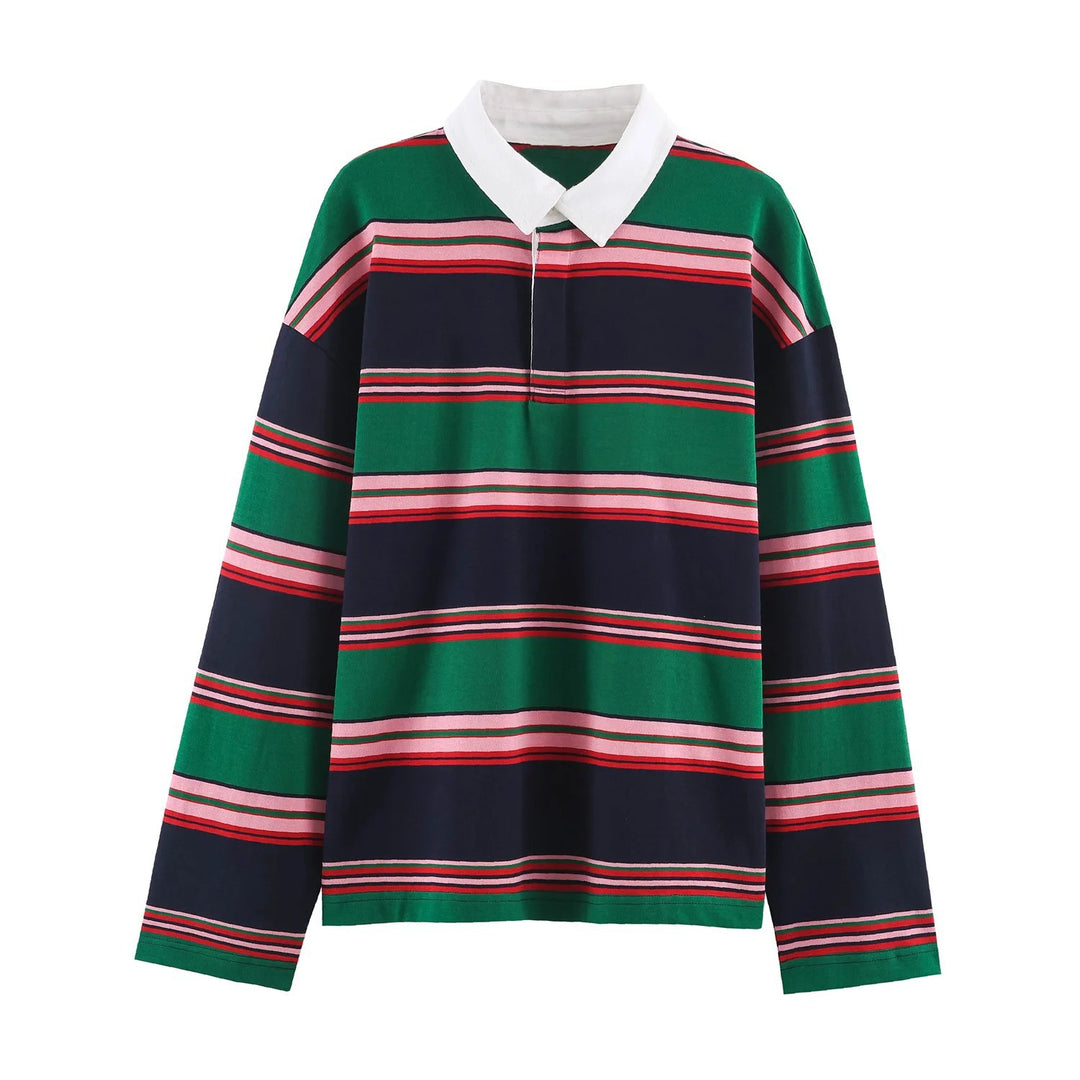Damen Rugby‑Polo‑Shirt mit Kontrastkragen und breitem Blockstreifen Echo Archiv