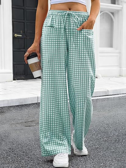 Damen Weit geschnittene Karohose mit elastischem Bund und praktischen Taschen Echo Archiv