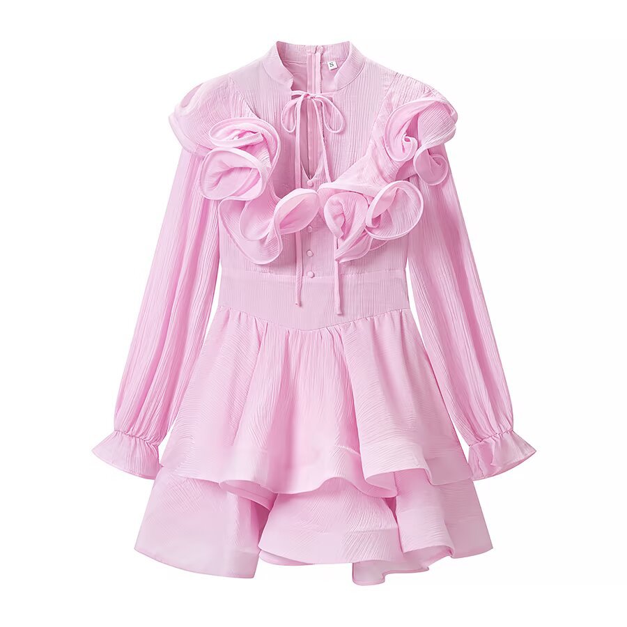 Damen Verspieltes Volant-Minikleid mit Rüschenkragen, plissierten Ärmeln und taillierter Silhouette Echo Archiv