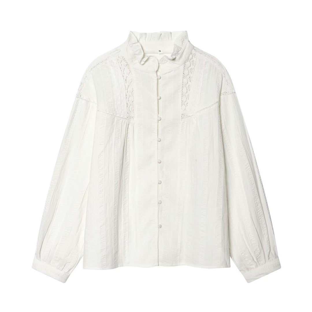 Damen Lockeres Vintage-Bluse mit Stehkragen, Spitzeinsätzen und Ballonärmeln Echo Archiv
