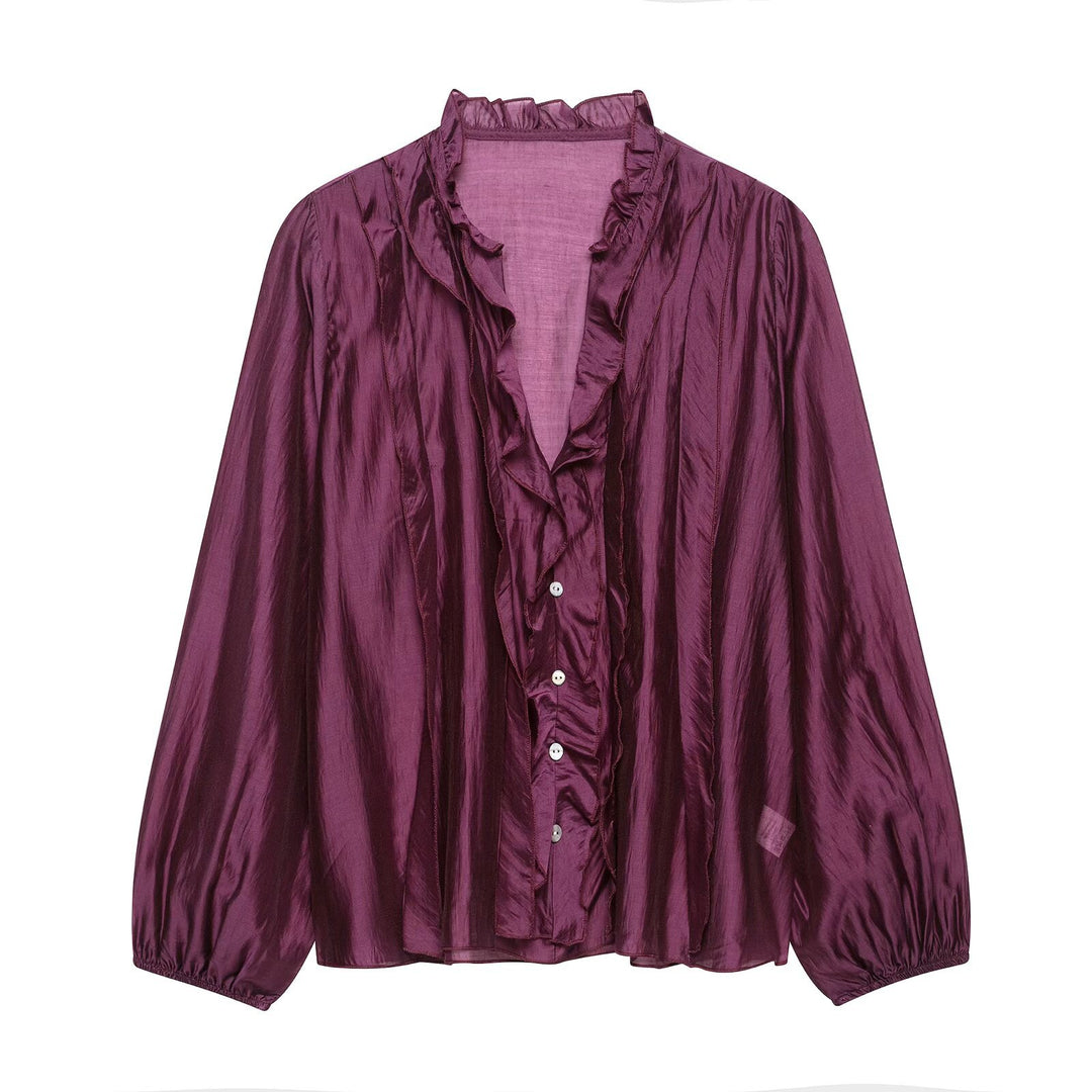 Damen Glänzende Rüschenbluse aus Taft mit Stehkragen und Ballonärmeln Echo Archiv