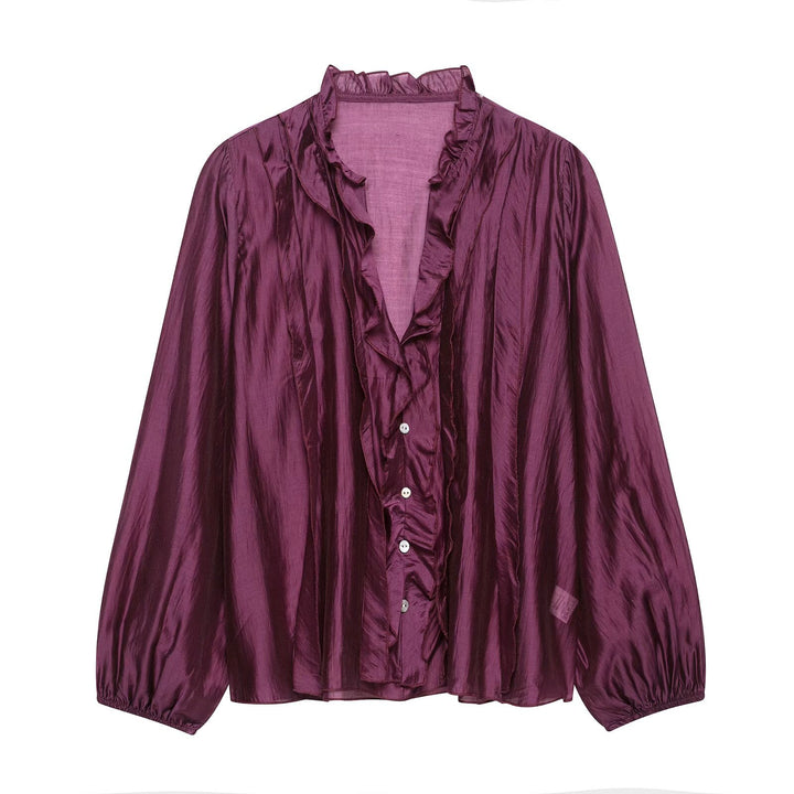 Damen Glänzende Rüschenbluse aus Taft mit Stehkragen und Ballonärmeln Echo Archiv