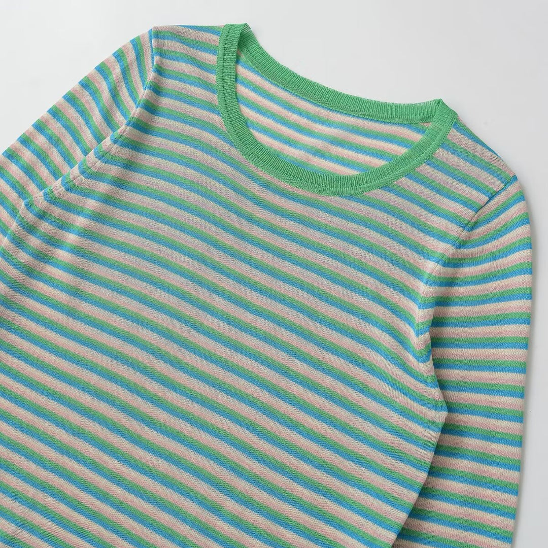 Damen Gestreiftes Feinstrick-Langarmshirt mit Rundhalsausschnitt und figurumspielender Silhouette Echoarchiv