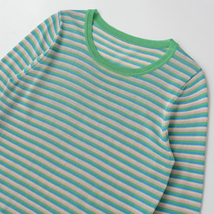 Damen Gestreiftes Feinstrick-Langarmshirt mit Rundhalsausschnitt und figurumspielender Silhouette Echoarchiv