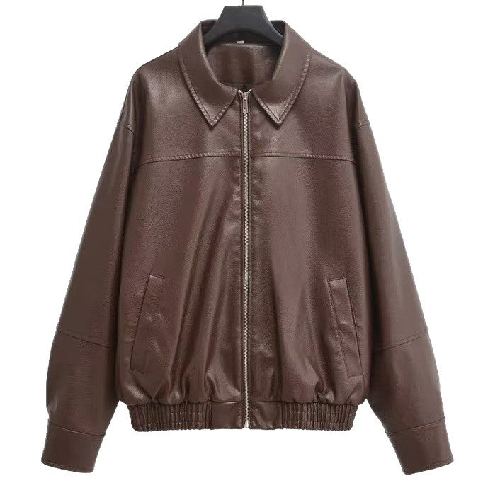 Damen nan oversized Lederjacke im Bomberstil mit Hemdkragen, durchgehendem Reißverschluss und lässiger Silhouette Echo Archiv