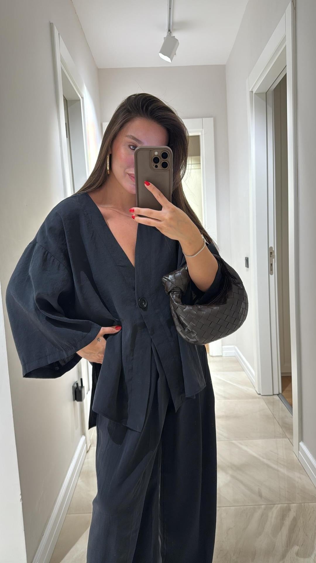 Damen nan lockeres Leinenoptik-Zweiteiler mit Kimono-Blazer und weitem Palazzo-Hose Echo Archiv